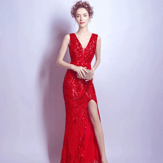 yolanda マーメイドドレス (着丈 サイズオーダー可能) オーダーメイド ロングドレス スリットドレス Vネックドレス レース素材 上質生地 体型補整 美シルエット 高級感 透明感 ホテルラウンジ 特別な夜 フォーマル ラグジュアリー (レッド)XS S M L XL XXL XXXL