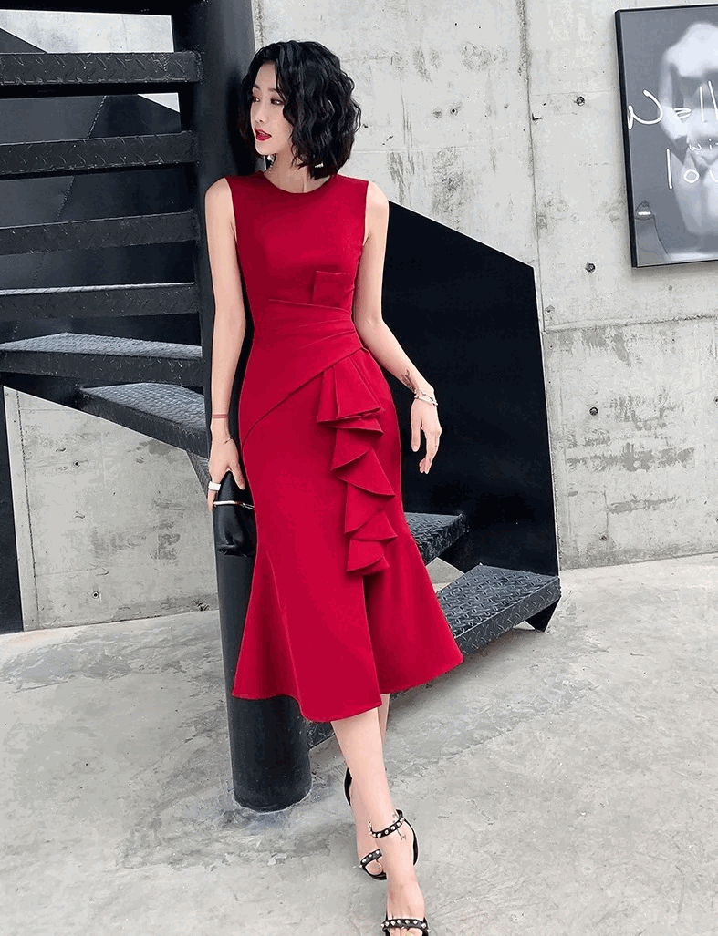 Isabella レッド スリットドレス タイトライン ノースリーブ 優雅シルエット オーダーメイド(レッド)