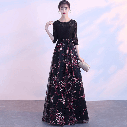 anezka(着丈 サイズオーダー可能) Aラインドレス ロングドレス オーダーメイド ネイビー フラワー刺繍 シアー素材 ノースリーブ 立体感 揺れ感 縦ライン美 細見えシルエット 気品 女優オーラ クラシックエレガンス 大人女性 モデル佇まい ホテル大階段 夜景照明 晩餐会 フォーマル ラグジュアリードレス (ネイビー)XS S M L XL XXL XXXL