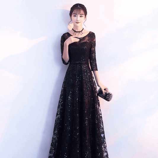 guers Aラインドレス ブラック XS S M L XL XXL 3XL 4XL 結婚式 大きいサイズ 演奏会 パーティードレス ロングドレス お呼ばれ ドレス ワンピース 二次会 発表会 母親 フォーマルドレス 袖あり フォーマル パーティー 披露宴 同窓会 アフタヌーン ドレス ママ ドレス ミセス 七分袖 洋装 長袖 マザーズ ドレス 演奏会用 ドレス レディース Aライン