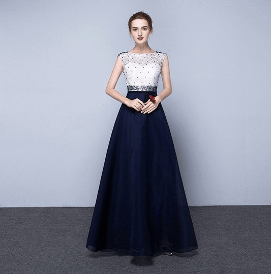 alyssa (着丈 サイズオーダー可能) Aラインドレス ロングドレス オーダーメイド ネイビー ノースリーブ ビジュー装飾 シフォン チュール レイヤード 揺れ感 縦ライン美 細見えシルエット 気品 透明感 クラシックエレガンス 大人女性 モデル佇まい ホテルラウンジ 高層階 夜景 特別な夜 フォーマル パーティー 上質ラグジュアリードレス (ネイビー)XS S M L XL XXL XXXL