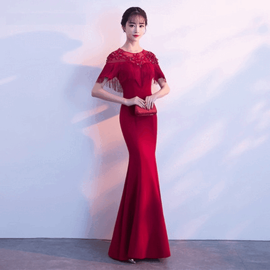 pradon マーメイドドレス (サイズオーダー可能) ロングドレス レース刺繍トップス スカラップ袖 赤ドレス オーダーメイド 美シルエット 体型補整 高級感 ラグジュアリー ホテルディナー 大人エレガント 特別な夜 (レッド)