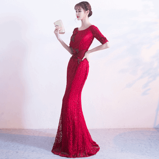 guers マーメイドドレス (着丈 サイズオーダー可能) オーダーメイド ロングドレス ロングスリーブドレス レッドドレス ルビーレッド レース スパンコール ビジュー 刺繍 上質素材 高級感 気品 洗練 大人の余裕 静かな美しさ クラシックホテル 大階段 シャンデリア ゴールデンライティング 光演出 美脚ライン 体型補正 フォーマル 晩餐会 特別な夜 (レッド)XS S M L XL XXL XXXL