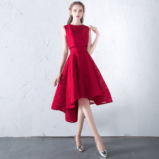 petunia Aラインドレス (着丈 サイズオーダー可能) オーダーメイド ミモレ丈ドレス レッドドレス ノースリーブドレス 高級ドレス ラグジュアリー 上品レッド フレアシルエット 美脚見せ 立体裁断 体型補正 上質素材 軽やかドレープ ホテルラウンジ 自然光 窓辺 知的 気品 大人女性 特別な時間 食事会 記念日 フォーマル (レッド)XS S M L XL XXL XXXL