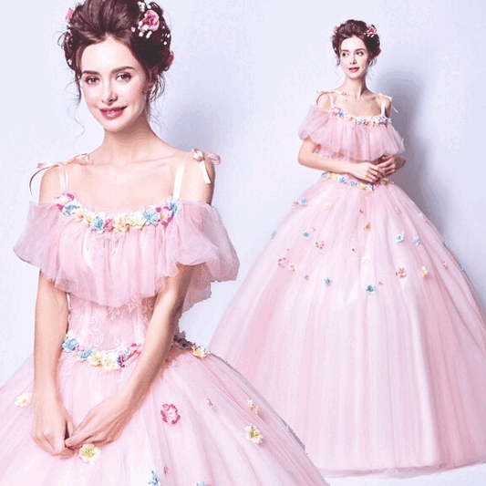 alice (着丈 サイズオーダー可能) Aラインドレス ロングドレス オーダーメイド ピンク プリンセスドレス チュールドレス ボリュームスカート 立体フラワー装飾 半袖風デザイン 揺れ感 透明感 圧倒的可憐 気品 ロマンティック モデル佇まい ホテル大階段 シャンデリア 特別な一日 フォーマル パーティー 上質ラグジュアリードレス (ピンク)XS S M L XL XXL XXXL