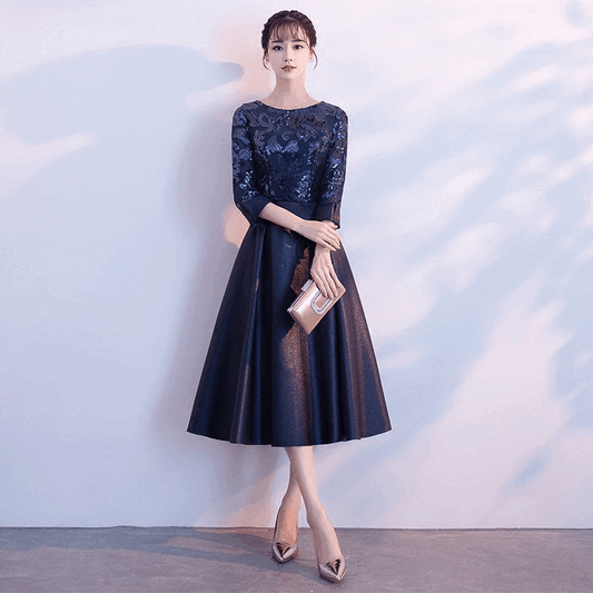 anu Aラインドレス ミディアム ネイビー XS S M L XL XXL XXXL 結婚式 大きいサイズ 演奏会 パーティードレス ロングドレス お呼ばれ ドレス ワンピース 二次会 発表会 母親 フォーマルドレス 袖あり フォーマル パーティー 披露宴 同窓会 アフタヌーン ドレス ママ ドレス ミセス 七分袖 洋装 長袖 マザーズ ドレス 演奏会用 ドレス レディース Aライン