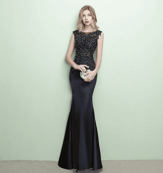jouve マーメイドドレス (着丈 サイズオーダー可能) オーダーメイド ブラック ロングドレス ビジュー 刺繍 ノースリーブ フィッシュテール シルエット美 曲線強調 透明感 気品 日本人女性 夕陽 夜景 高級ホテル 特別な夜 (ブラック)XS S M L XL XXL XXXL