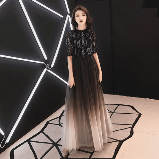 eleonoora (着丈 サイズオーダー可能) オーダーメイド Aラインドレス ロングドレス チュールドレス ノースリーブドレス ベージュドレス フォーマルドレス 上質素材 ブラックトップ グラデーションチュール 立体ウエスト 美シルエット クラシックホテル 大階段 シャンデリア光 気品 透明感 大人女性 正装 結婚式 披露宴 演奏会 晩餐会 パーティー 高級感 日本人女性向け (ブラック)XS S M L XL XXL XXXL