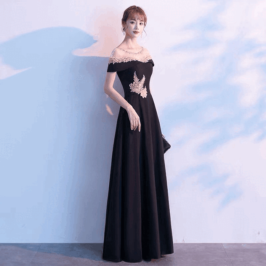 saraha Aラインドレス ブラック S M L XL XXL 結婚式 大きいサイズ 演奏会 パーティードレス ロングドレス お呼ばれ ドレス ワンピース 二次会 発表会 母親 フォーマルドレス 袖あり フォーマル パーティー 披露宴 同窓会 アフタヌーン ドレス ママ ドレス ミセス 七分袖 洋装 長袖 マザーズ ドレス 演奏会用 ドレス レディース Aライン