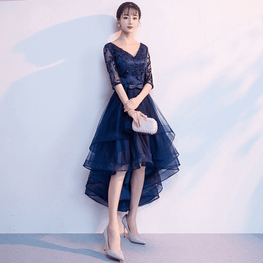 Serena オーダーメイド (着丈 サイズオーダー可能) Aラインドレス ノースリーブドレス ミディドレス レースドレス ビジュー装飾 ウエストマーク フレアシルエット 体型補整 美シルエット 上質素材 高級感 気品 透明感 大人女性 日本人女性 クラシックホテル 大階段 シャンデリア 夕景 フォーマル パーティー 演奏会 二次会 写真映え (ネイビー)XS S M L XL XXL XXXL