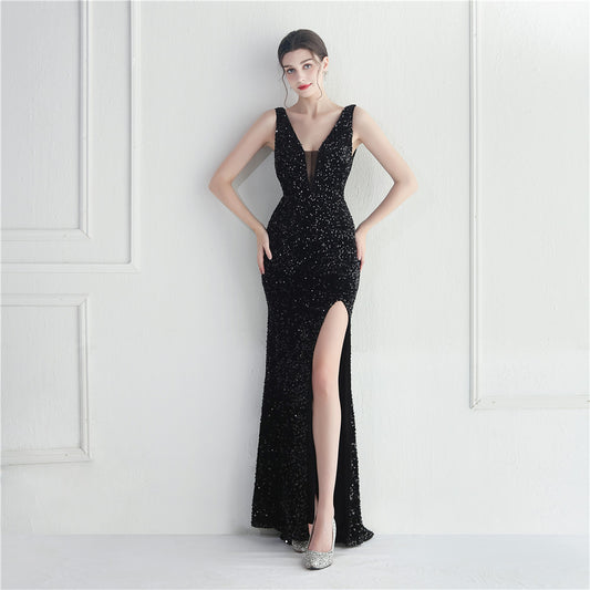 37474 マーメイドドレス (着丈 サイズオーダー可能) オーダーメイド ロングドレス スパンコールドレス スリットドレス ブラックドレス Vネックデザイン 美シルエット 体型補整 高級感 大人フェミニン ホテルディナー フォーマルシーン （ブラック）