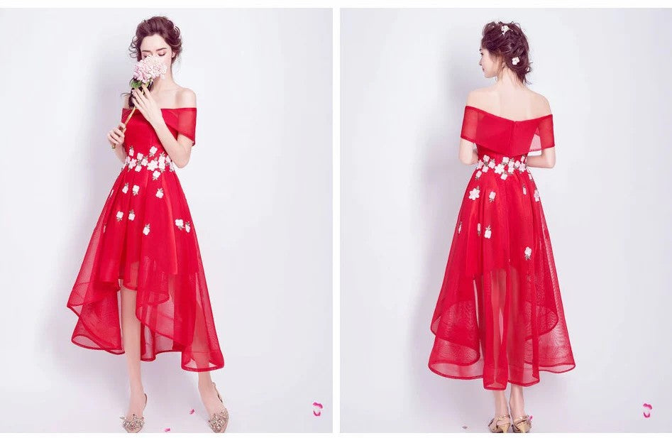 eileen オフショルダードレス (着丈 サイズオーダー可能) オーダーメイド ハイロードレス レッドドレス フラワー刺繍ドレス ミディアムドレス 上質素材 高級感 美シルエット 透明感 体型補整 大人可愛い 静かな華やぎ 日本人女性 プレミアム ラグジュアリー エレガント パーティー フォーマル （レッド）