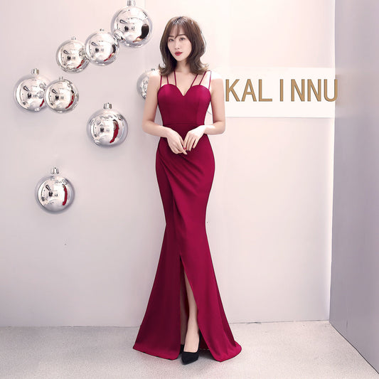 n7015 スリットドレス (着丈 サイズオーダー可能) オーダーメイド マーメイドドレス ロングドレス Vネックドレス キャミソールドレス スリムフィット 体型補整 曲線美 ホテルディナー フォーマル レセプション 特別な夜 ラグジュアリー 大人上品 （レッド）