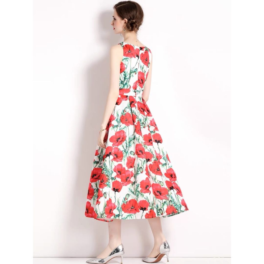 3-jfj7 Aラインドレス (着丈 サイズオーダー可能) オーダーメイド フラワープリントドレス ミディ丈ドレス ノースリーブドレス 美シルエット 上質素材 高級感 透明感 清楚 エレガント 大人上品 揺れ感 日本人女性 ホテルディナー パーティー 結婚式 披露宴 二次会 フォーマル セレモニー プレミアム 華やかさ （ホワイトレッド）