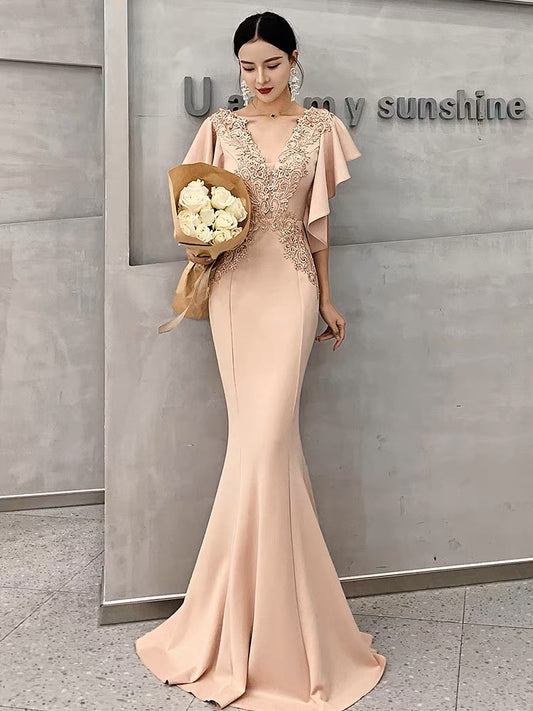 アルカドレス(ARUKA DRESS) Aurelia パーティードレス 結婚式 ロングドレス ワンピース オーダーメイド(着丈・サイズ可) 袖あり Vネック 体型カバー 大きいサイズ 光沢素材 （ブラッシュピンク）XS S M L XL XXL XXXL