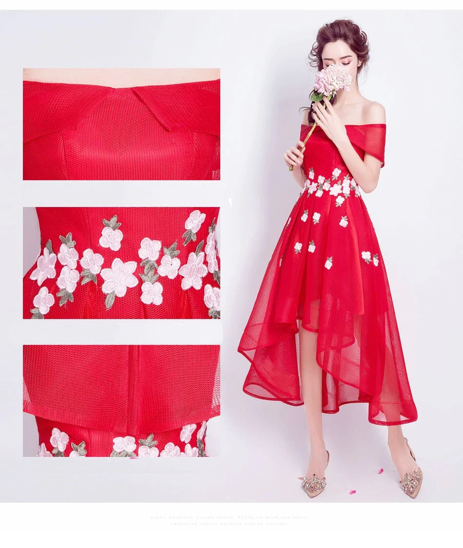 eileen オフショルダードレス (着丈 サイズオーダー可能) オーダーメイド ハイロードレス レッドドレス フラワー刺繍ドレス ミディアムドレス 上質素材 高級感 美シルエット 透明感 体型補整 大人可愛い 静かな華やぎ 日本人女性 プレミアム ラグジュアリー エレガント パーティー フォーマル （レッド）