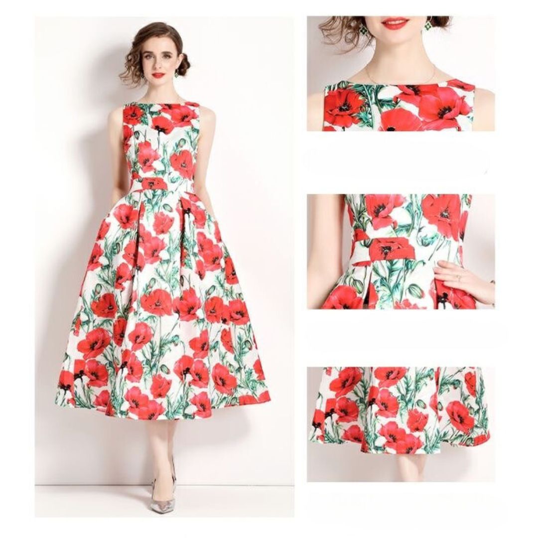 3-jfj7 Aラインドレス (着丈 サイズオーダー可能) オーダーメイド フラワープリントドレス ミディ丈ドレス ノースリーブドレス 美シルエット 上質素材 高級感 透明感 清楚 エレガント 大人上品 揺れ感 日本人女性 ホテルディナー パーティー 結婚式 披露宴 二次会 フォーマル セレモニー プレミアム 華やかさ （ホワイトレッド）