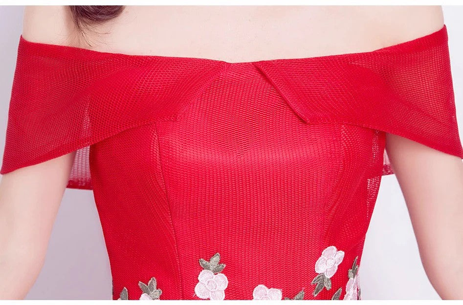 eileen オフショルダードレス (着丈 サイズオーダー可能) オーダーメイド ハイロードレス レッドドレス フラワー刺繍ドレス ミディアムドレス 上質素材 高級感 美シルエット 透明感 体型補整 大人可愛い 静かな華やぎ 日本人女性 プレミアム ラグジュアリー エレガント パーティー フォーマル （レッド）