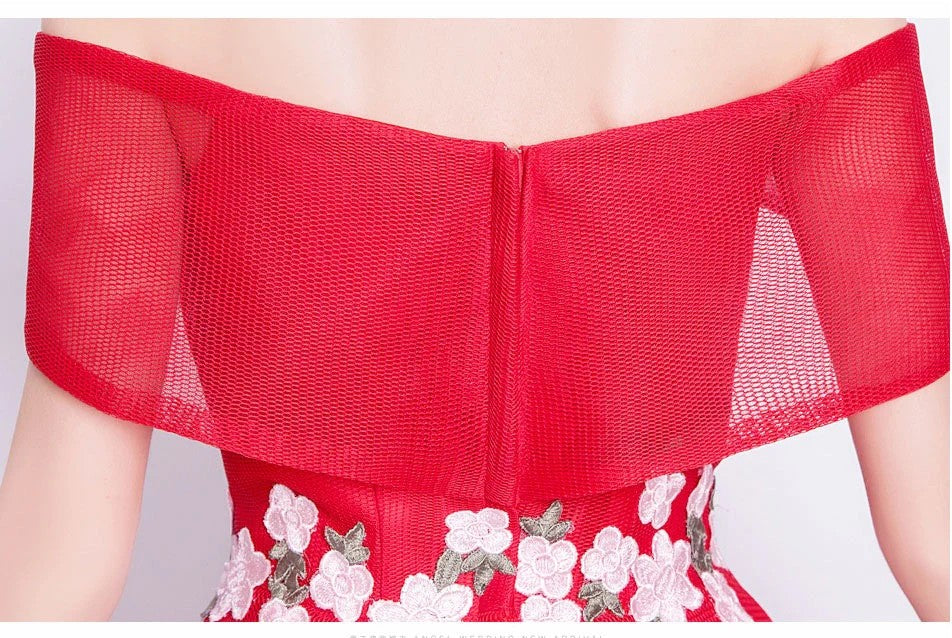 eileen オフショルダードレス (着丈 サイズオーダー可能) オーダーメイド ハイロードレス レッドドレス フラワー刺繍ドレス ミディアムドレス 上質素材 高級感 美シルエット 透明感 体型補整 大人可愛い 静かな華やぎ 日本人女性 プレミアム ラグジュアリー エレガント パーティー フォーマル （レッド）