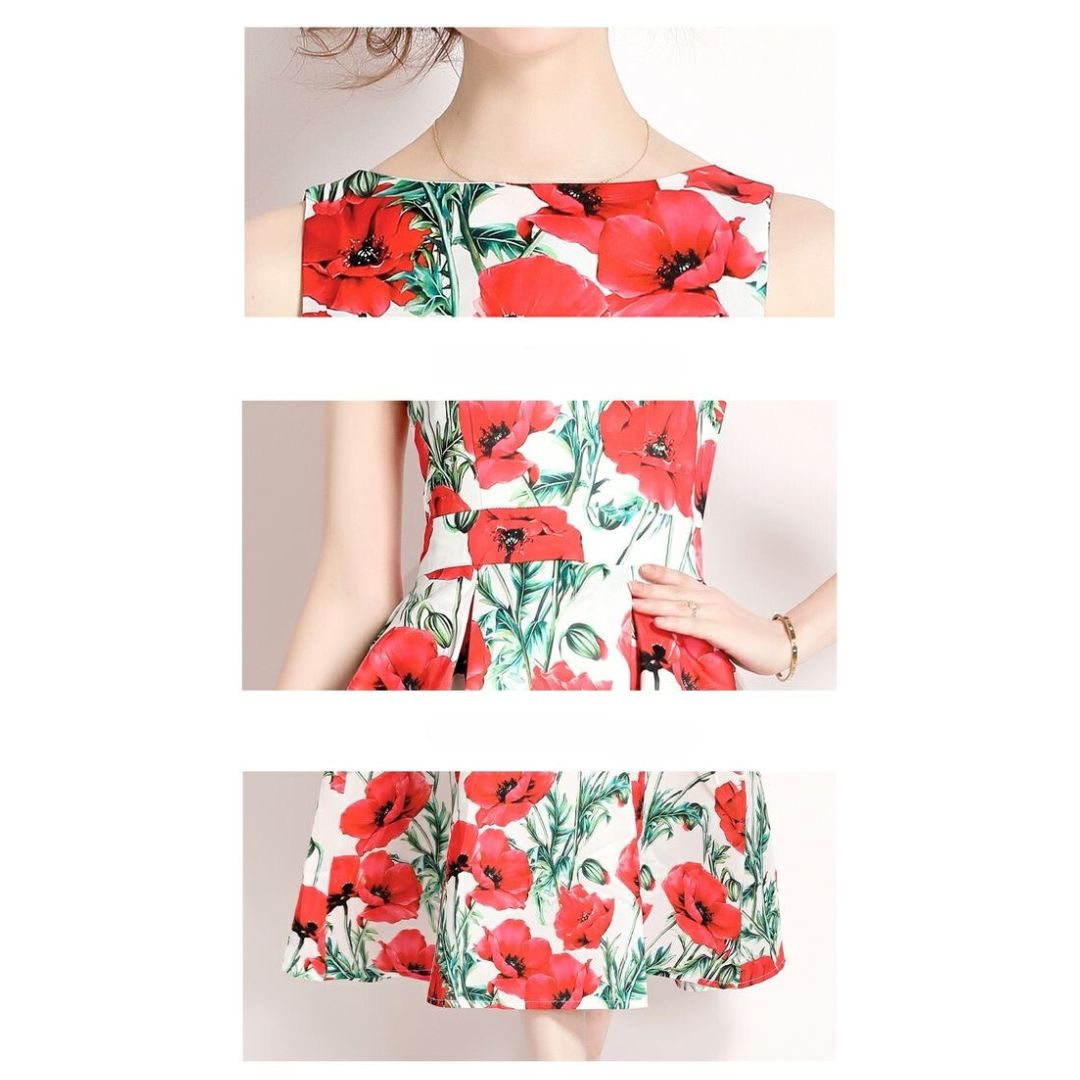 3-jfj7 Aラインドレス (着丈 サイズオーダー可能) オーダーメイド フラワープリントドレス ミディ丈ドレス ノースリーブドレス 美シルエット 上質素材 高級感 透明感 清楚 エレガント 大人上品 揺れ感 日本人女性 ホテルディナー パーティー 結婚式 披露宴 二次会 フォーマル セレモニー プレミアム 華やかさ （ホワイトレッド）