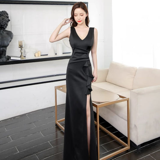 3-536 スリットドレス (着丈 サイズオーダー可能) オーダーメイド マーメイドドレス ロングドレス Vネックドレス ブラックドレス ノースリーブドレス 上質素材 高級感 美シルエット 透明感 体型補整 大人上品 静かな華やぎ ホテルディナー 日本人女性 プレミアム ラグジュアリー フォーマル パーティー エレガント （ブラック）