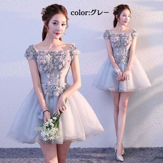 #467832 (着丈 サイズオーダー可能) オーダーメイド Aラインドレス チュールドレス レースドレス ミニドレス 水色ドレス ビジュー刺繍 上質素材 透明感 体型補整 美シルエット 高級感 清楚 大人可愛い 結婚式二次会 パーティードレス ホテルディナー 上品 特別な一日 （グレー）