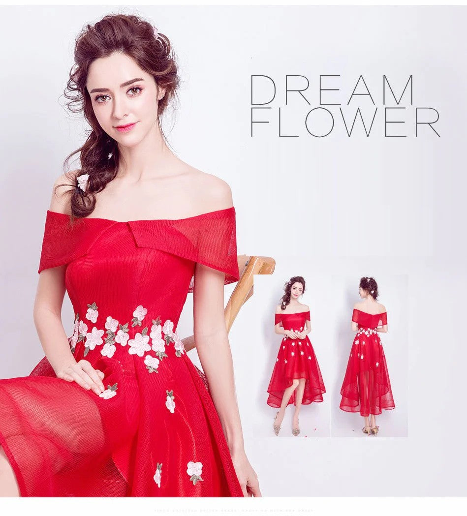 eileen オフショルダードレス (着丈 サイズオーダー可能) オーダーメイド ハイロードレス レッドドレス フラワー刺繍ドレス ミディアムドレス 上質素材 高級感 美シルエット 透明感 体型補整 大人可愛い 静かな華やぎ 日本人女性 プレミアム ラグジュアリー エレガント パーティー フォーマル （レッド）