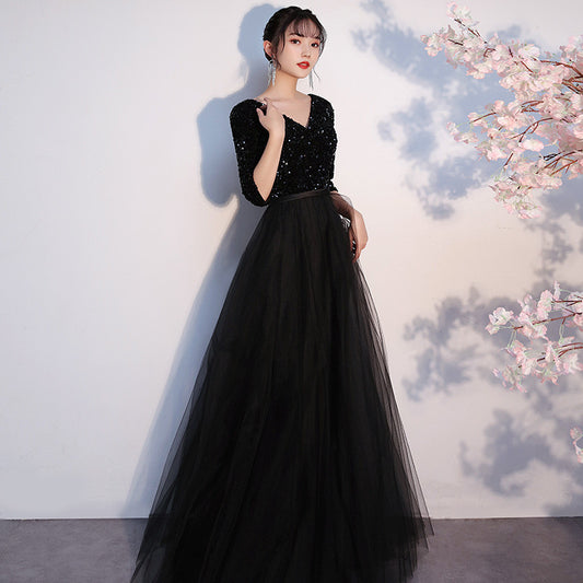 n3010g Aラインドレス (着丈 サイズオーダー可能) オーダーメイド ロングドレス チュールドレス ベルベットドレス 五分袖ドレス ブラックドレス 上質素材 高級感 美シルエット 透明感 体型補整 大人上品 静かな華やぎ ホテルディナー 特別な夜 日本人女性 プレミアム ラグジュアリー エレガント フォーマル パーティー （ブラック）