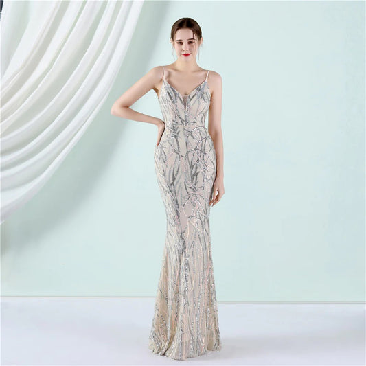 akseli マーメイドドレス (着丈 サイズオーダー可能) オーダーメイド ロングドレス ブラックドレス キャミドレス グリッタードレス 光沢刺繍 Vネック 体型補整 大人セクシー 高級感 ホテルラウンジ 夜映えドレス （グレー）