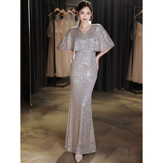 アルカドレス(ARUKA DRESS) 380-ta マーメイドドレス オーダーメイド(着丈 サイズオーダー可) ロングドレス 結婚式 パーティードレス スパンコール シルバー ケープスリーブ 体型カバー 大きいサイズ （シルバー）XS S M L XL XXL XXXL