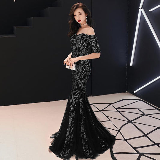 a1202a オフショルダー マーメイドドレス (着丈 サイズオーダー可能) エメラルドグリーン刺繍ドレス ブラックチュール 体型補整 ラグジュアリー 高級感 美シルエット 大人セクシー 特別な夜に （ブラック）