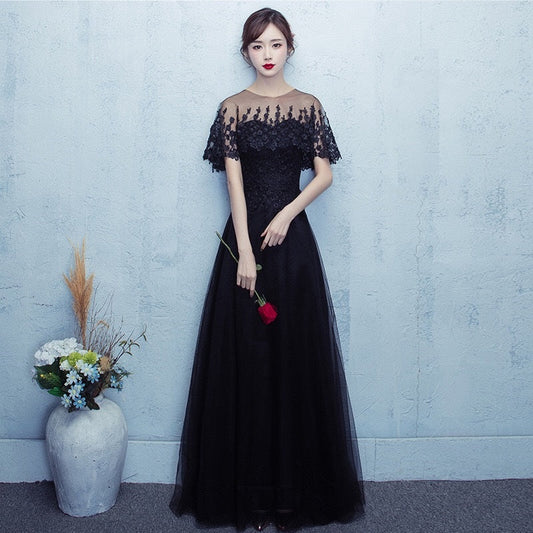 Victoria アルカドレス オーダーメイド (着丈 サイズオーダー可能) ロングドレス ブラックドレス レースドレス シアーネックドレス フローラル刺繍ドレス パーティードレス 結婚式 ワンピース ロング丈 袖あり 体型カバー お呼ばれ 二次会 披露宴 20代 30代 40代 大きいサイズ ローズ演出 クラシカル空間 写真映え 主役級オーラ （ブラック）XS S M L XL XXL XXXL