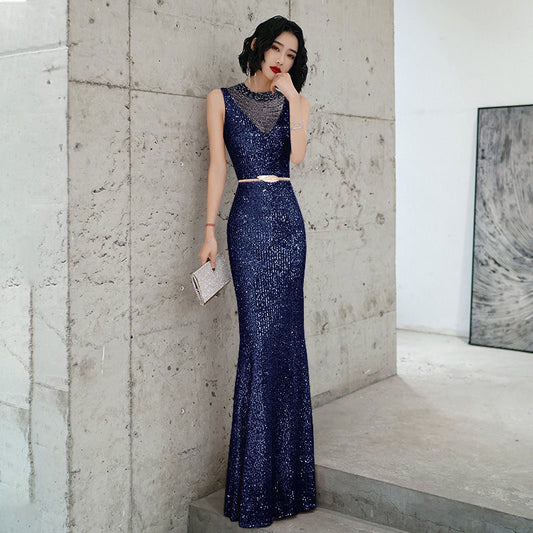 n2035 スパンコールドレス (着丈 サイズオーダー可能) オーダーメイド マーメイドドレス ロングドレス ノースリーブドレス スリムフィット ハイネック風 ダークグリーンドレス 体型補整 透明感 上品セクシー レセプション ホテルディナー ラグジュアリー （ネイビー）