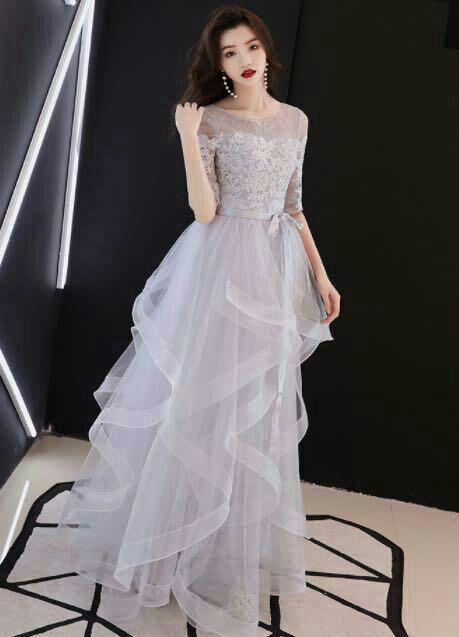 3-444gray Aラインドレス (着丈 サイズオーダー可能) オーダーメイド ロングドレス ラベンダードレス チュールドレス レーストップス 7分袖ドレス 上質素材 高級感 美シルエット 透明感 体型補整 大人上品 静かな華やぎ ホテルディナー 特別な夜 日本人女性 プレミアム ラグジュアリー フォーマル パーティー エレガント （グレー）