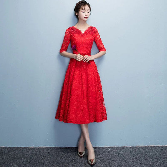 fausta Aラインドレス (着丈 サイズオーダー可能) オーダーメイド ミモレ丈ドレス レースドレス レッドドレス 五分袖ドレス Vネックドレス 上質素材 高級感 美シルエット 透明感 体型補整 大人上品 静かな華やぎ パーティー 日本人女性 プレミアム ラグジュアリー フォーマル エレガント （レッド）