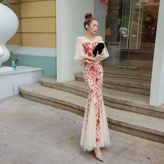 n8000 マーメイドドレス（着丈・サイズオーダー可）オーダーメイド ロングドレス シアースリーブ 赤フラワー刺繍 ヌーディベージュ 美スタイル強調 上品セクシー フォーマルドレス 体型補整 ホテルディナー パーティー（ベージュ×レッド）
