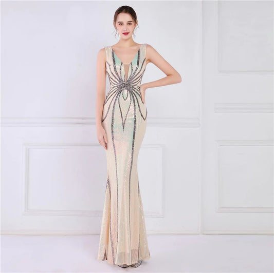 heimored スパンコールドレス (着丈 サイズオーダー可能) オーダーメイド ロングドレス グリーンドレス ノースリーブ 曲線ビジュー 美シルエット 体型補整 スレンダーライン 高級感 演奏会 ラグジュアリー ステージ映え （ゴールド）