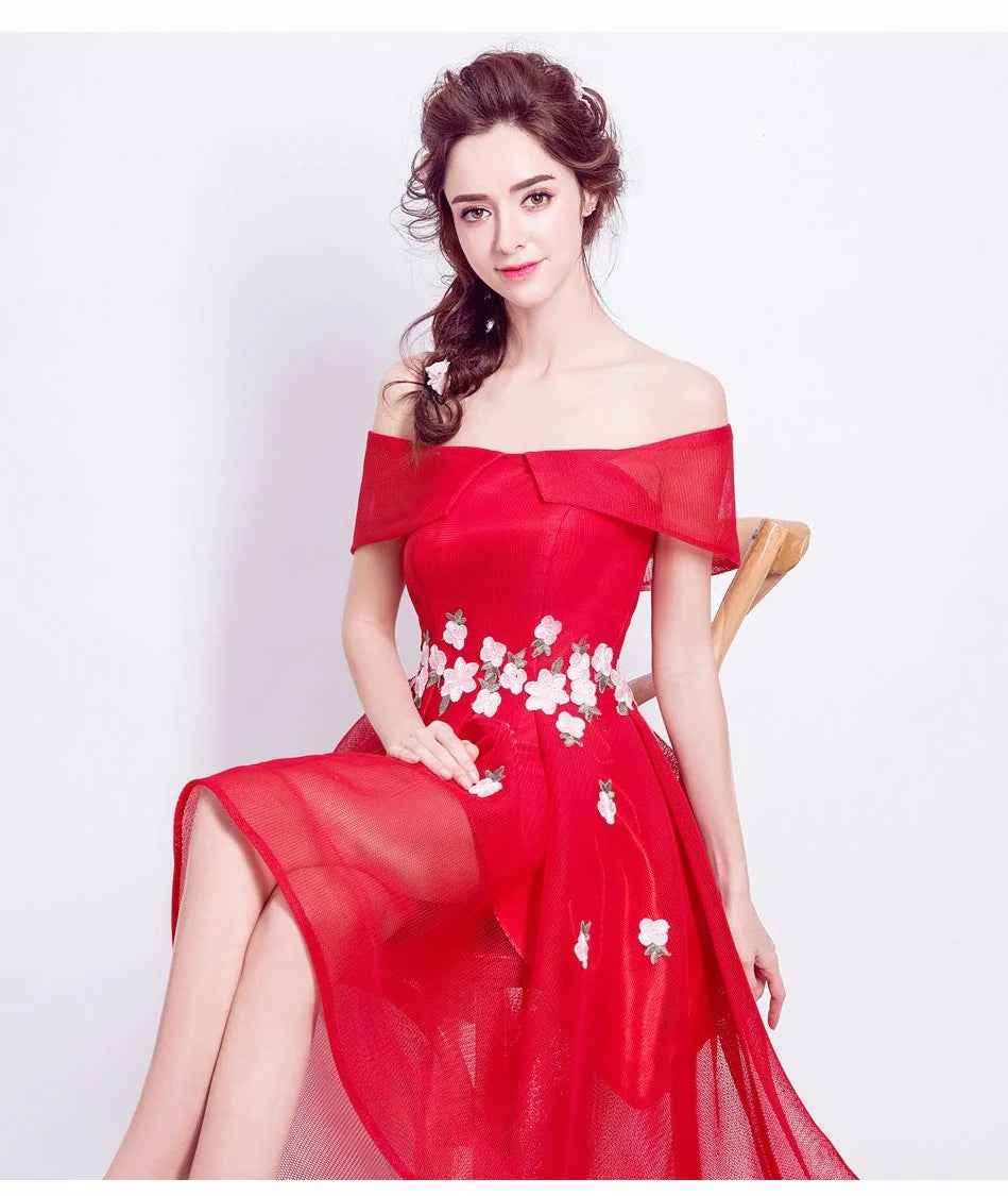 eileen オフショルダードレス (着丈 サイズオーダー可能) オーダーメイド ハイロードレス レッドドレス フラワー刺繍ドレス ミディアムドレス 上質素材 高級感 美シルエット 透明感 体型補整 大人可愛い 静かな華やぎ 日本人女性 プレミアム ラグジュアリー エレガント パーティー フォーマル （レッド）