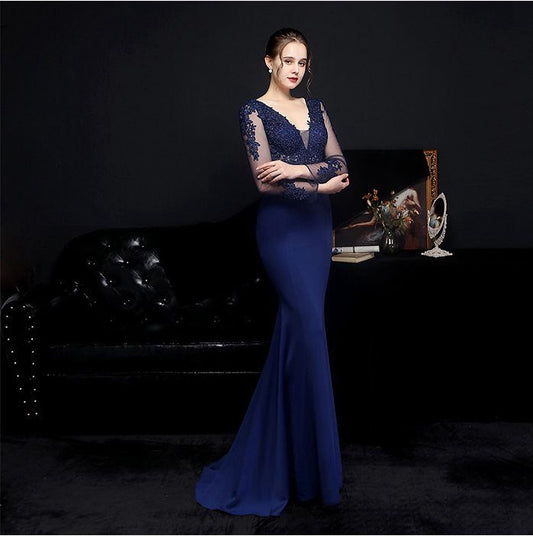 harmony マーメイドドレス オーダーメイド (着丈 サイズ調整可) ロングドレス 長袖ドレス レーススリーブ 深紅ドレス 体型補整 美シルエット 高級感 ラグジュアリー 大人の色気 ホテルディナー 特別な夜 （ネイビー）