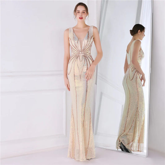 heimored スパンコールドレス (着丈 サイズオーダー可能) オーダーメイド ロングドレス グリーンドレス ノースリーブ 曲線ビジュー 美シルエット 体型補整 スレンダーライン 高級感 演奏会 ラグジュアリー ステージ映え （ベージュ）