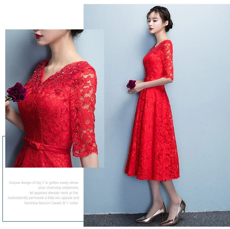 fausta Aラインドレス (着丈 サイズオーダー可能) オーダーメイド ミモレ丈ドレス レースドレス レッドドレス 五分袖ドレス Vネックドレス 上質素材 高級感 美シルエット 透明感 体型補整 大人上品 静かな華やぎ パーティー 日本人女性 プレミアム ラグジュアリー フォーマル エレガント （レッド）