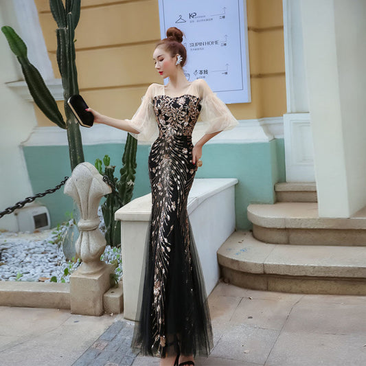 n8000 マーメイドドレス（着丈・サイズオーダー可）オーダーメイド ロングドレス シアースリーブ 赤フラワー刺繍 ヌーディベージュ 美スタイル強調 上品セクシー フォーマルドレス 体型補整 ホテルディナー パーティー（ブラック）