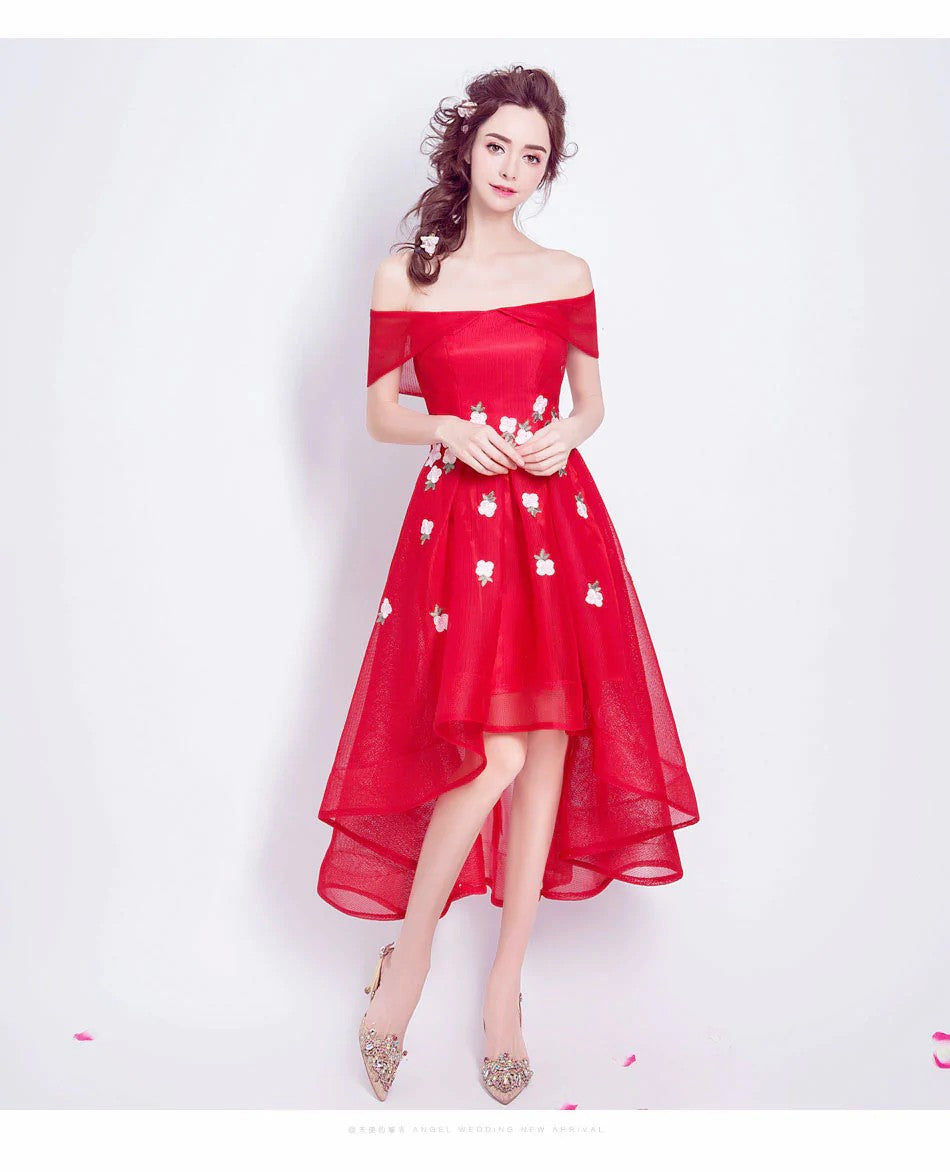 eileen オフショルダードレス (着丈 サイズオーダー可能) オーダーメイド ハイロードレス レッドドレス フラワー刺繍ドレス ミディアムドレス 上質素材 高級感 美シルエット 透明感 体型補整 大人可愛い 静かな華やぎ 日本人女性 プレミアム ラグジュアリー エレガント パーティー フォーマル （レッド）