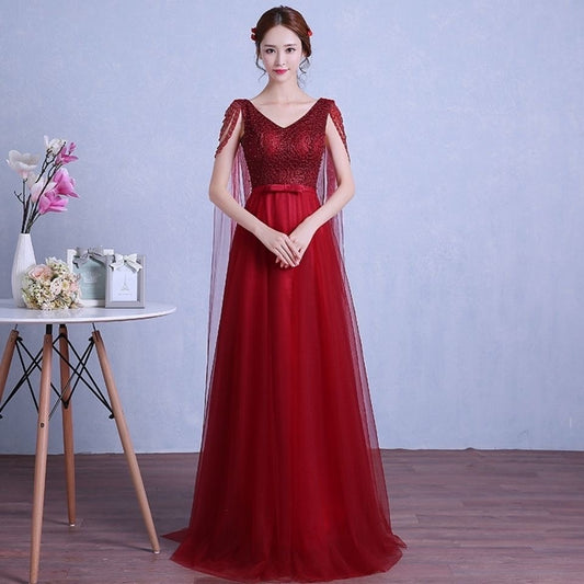 3-6767 Aラインドレス (着丈 サイズオーダー可能) オーダーメイド ロングドレス チュールドレス ケープスリーブドレス Vネックドレス レッドドレス 上質素材 高級感 美シルエット 透明感 体型補整 大人上品 静かな華やぎ ホテルディナー 特別な夜 日本人女性 プレミアム ラグジュアリー エレガント フォーマル パーティー （レッド）