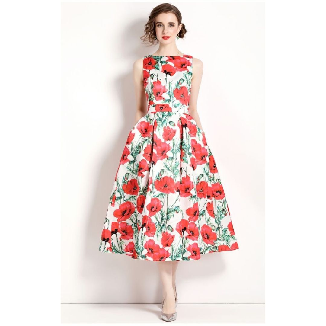 3-jfj7 Aラインドレス (着丈 サイズオーダー可能) オーダーメイド フラワープリントドレス ミディ丈ドレス ノースリーブドレス 美シルエット 上質素材 高級感 透明感 清楚 エレガント 大人上品 揺れ感 日本人女性 ホテルディナー パーティー 結婚式 披露宴 二次会 フォーマル セレモニー プレミアム 華やかさ （ホワイトレッド）