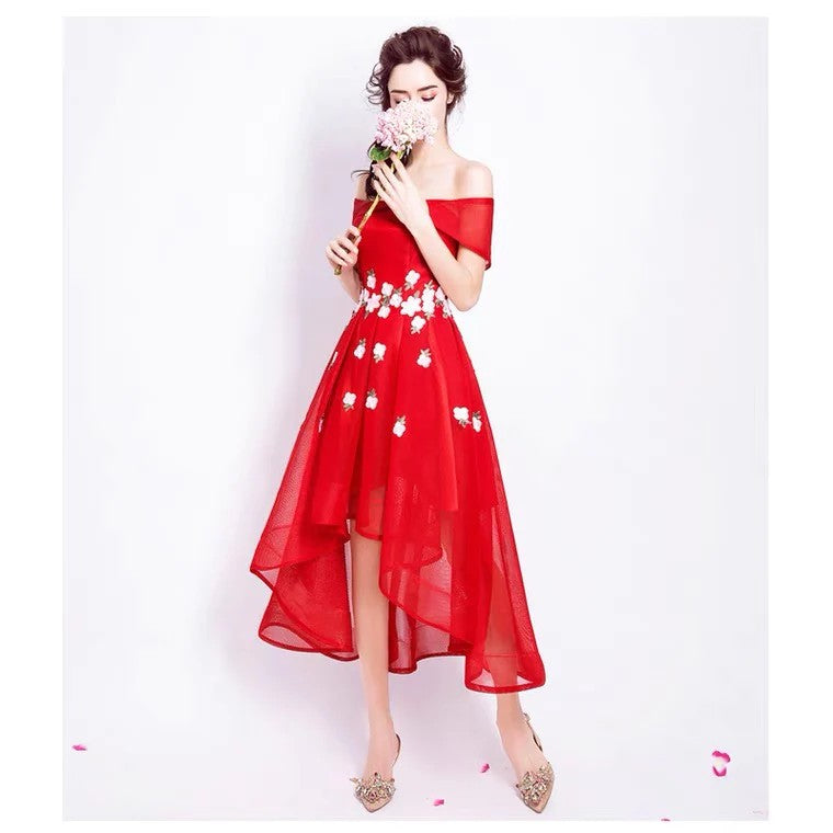 eileen オフショルダードレス (着丈 サイズオーダー可能) オーダーメイド ハイロードレス レッドドレス フラワー刺繍ドレス ミディアムドレス 上質素材 高級感 美シルエット 透明感 体型補整 大人可愛い 静かな華やぎ 日本人女性 プレミアム ラグジュアリー エレガント パーティー フォーマル （レッド）
