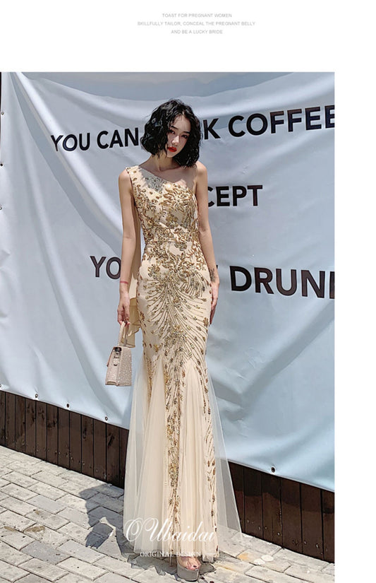 8006 マーメイドドレス (着丈 サイズオーダー可能) オーダーメイド ワンショルダードレス スパンコールドレス ビジュードレス チュールマーメイド アシンメトリー 美シルエット 体型補整 高級感 ラグジュアリー ホテル照明 特別な夜 （ベージュ）