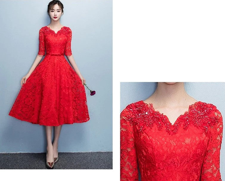 fausta Aラインドレス (着丈 サイズオーダー可能) オーダーメイド ミモレ丈ドレス レースドレス レッドドレス 五分袖ドレス Vネックドレス 上質素材 高級感 美シルエット 透明感 体型補整 大人上品 静かな華やぎ パーティー 日本人女性 プレミアム ラグジュアリー フォーマル エレガント （レッド）