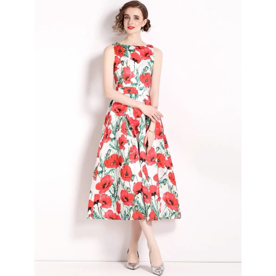 3-jfj7 Aラインドレス (着丈 サイズオーダー可能) オーダーメイド フラワープリントドレス ミディ丈ドレス ノースリーブドレス 美シルエット 上質素材 高級感 透明感 清楚 エレガント 大人上品 揺れ感 日本人女性 ホテルディナー パーティー 結婚式 披露宴 二次会 フォーマル セレモニー プレミアム 華やかさ （ホワイトレッド）