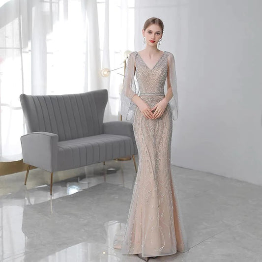 豪華オールビジュードレス anselmo マーメイドドレス (着丈 サイズオーダー可能) オーダーメイド ロングドレス レースドレス 長袖ドレス ベージュドレス 総レース シアー素材 上質チュール 微光沢 体型補整 美シルエット 高層ホテル ラウンジ 夕景 夜景 窓際光 気品 色気 大人女性 ラグジュアリー フォーマル 結婚式 演奏会 パーティー 特別な夜 （ベージュ）